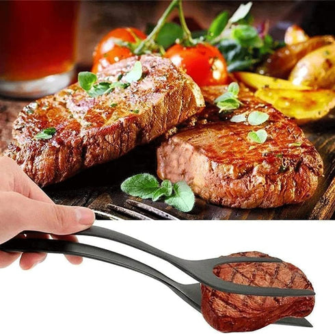 2-in-1 clip flipping spatula pliers egg flipping pliers double-sided pancake fish flipper Chicken rolls making household kitchen cooking tools (bl...