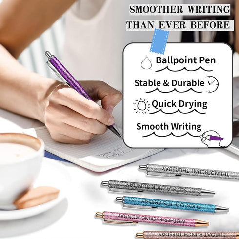 Jxueych 7 Pcs Funny Ballpoint Pen Set Gift for Coworker, Days of The Week Daily Glitter Pen, Black Ink Medium Point 1.0 Mm Smooth Writing...