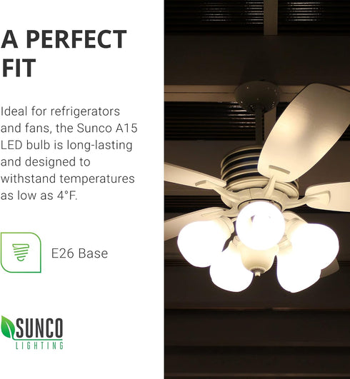 Sunco Lighting 10 Pack A15 LED Bulb Dimmable Refrigerator Appliance Bulbs 8W Equivalent 60W 3000K Warm White 800 LM, E26 Medium Base, Instant On, ...