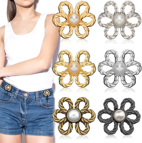 6 Sets Flower Jeans Button Pant Waist Tightener, Adjustable Jean Button Pin, Detachable Jean Button, No Sewing Buttons for Jeans Pant Clips for Lo...