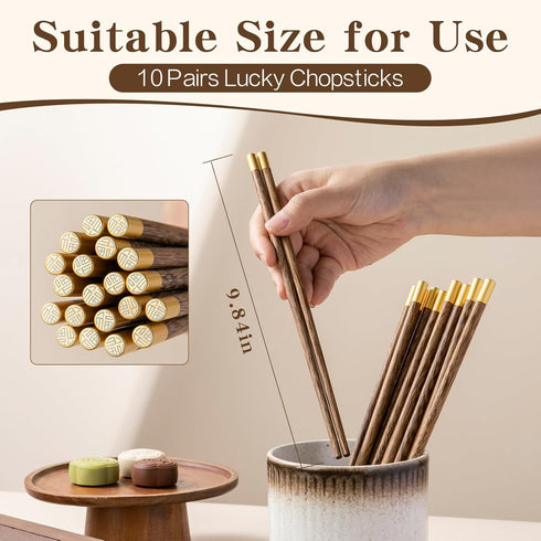Chopsticks Reusable, Wooden Lucky Chopsticks Non-Slip, Chop Sticks Dishwasher Safe, Chinese Round Cooking Chopsticks for Sushi, Pasta, Asian Cuisi...