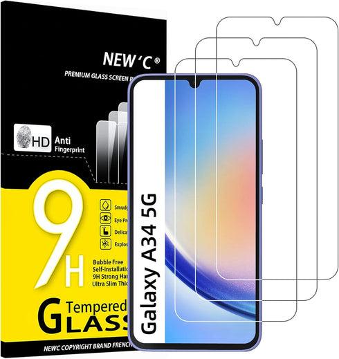 NEW'C Pack of 3 Tempered Protective Glass for Samsung Galaxy A34 5G, Scratch-Free, 9H Hardness, HD Screen Protector, 0.33 mm Ultra Clear, Ultra Re...