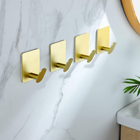 DELITON Adhesive Towel Hooks Gold - 4 Pack Towel Hook for Coat Robe Stick on Bathroom Wall Brushed Gold Finish Stainless Steel...