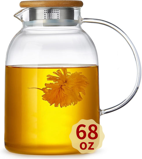 Large Glass Teapot with Infuser, Stovetop Safe, Thickened Heat Resistant Borosilicate Glass, 68 fl oz Glass Tea Kettle with Bamboo Lid...