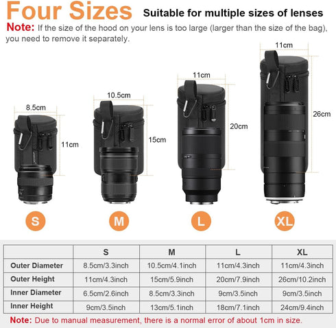 ARVOK Camera Lens Case, Water Resistant Protective Lens Pouch for DSLR Camera Lens, 4 Size Thick Camera Lens Bag for Nikon, Tamron, Sigma, Pentax,...