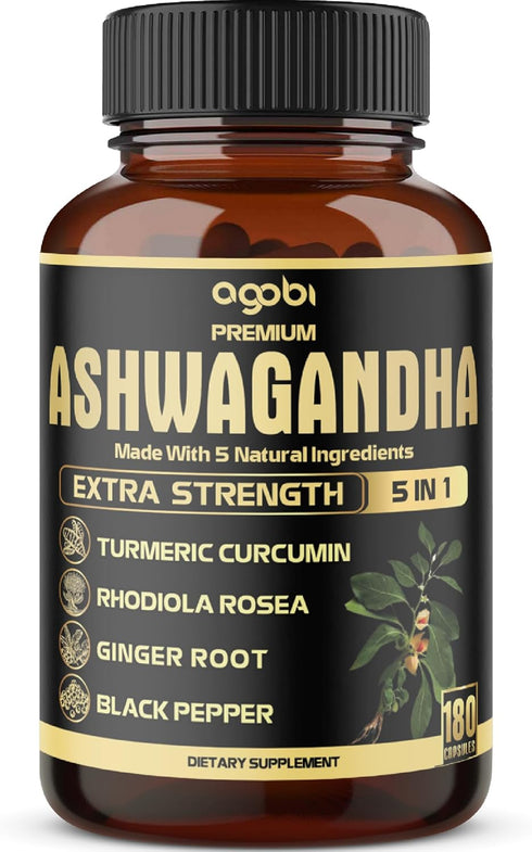 5in1 Premium Ashwagandha Capsules - Added Turmeric, Rhodiola Rosea, Ginger, Black Pepper - Strength, Spirit & Immune Support - 180 Caps for 6 Mont...