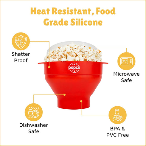 POPCO Microwave Popcorn Bowl - Silicone Snack Popcorn Popper with Handles - Collapsible Design, 2.3" Height When Folded -Dishwasher Safe Bowl for ...