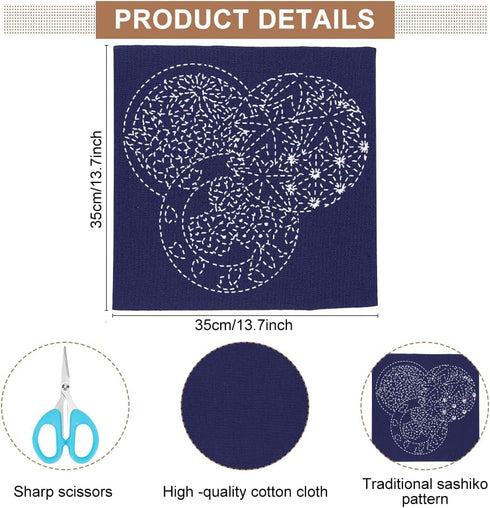 WEBEEDY DIY Sashiko Embroidery Kit Stitching Sashiko Placemat with Traditional Japanese Sashiko Pattern Template Fabric Flower Table Mats Needlewo...