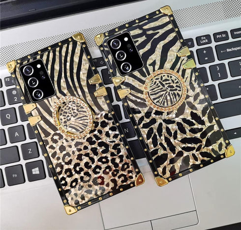 for Samsung Galaxy A52 Trunk Case,Luxury for Women Girls Box Design Gold Glitter Bling Cute Leopard Pattern Soft Cover with Finger Ring Grip Kicks...
