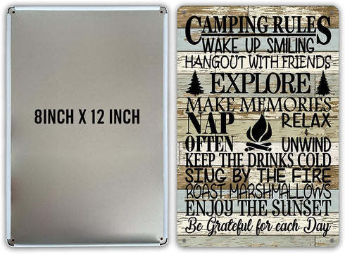 QIONGQI Funny Camping Rules Metal Tin Sign Wall Decor Farmhouse Rustic Camping Signs with Sayings for Home Camper Room Decor Gifts...