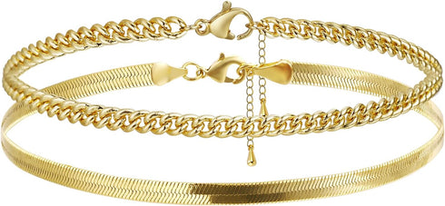 MIDEEO Herringbone Chain Anklet for Women 14K Gold Filled Flat Snake Chain Anklet Dainty Simple Layering Cuban Snake Ankle Bracelet Summer Trendy ...