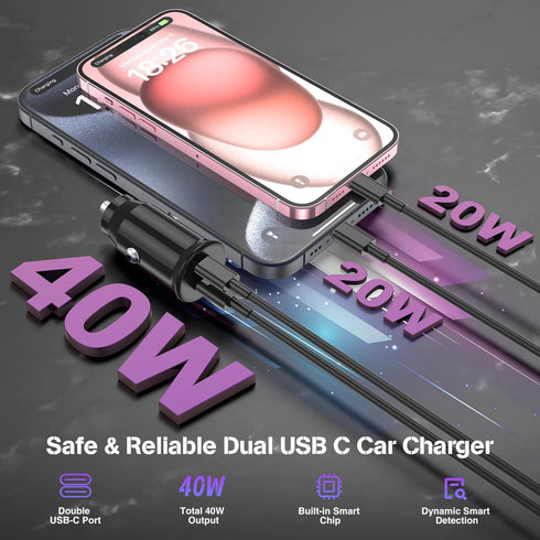 iPhone 15 Car Charger Fast Charging, 40W Dual Port USB C Car Charger with 2Pack USB C Cable 10ft,Type C Car Adapter for iPhone 15/15 Pro/15 Pro Ma...