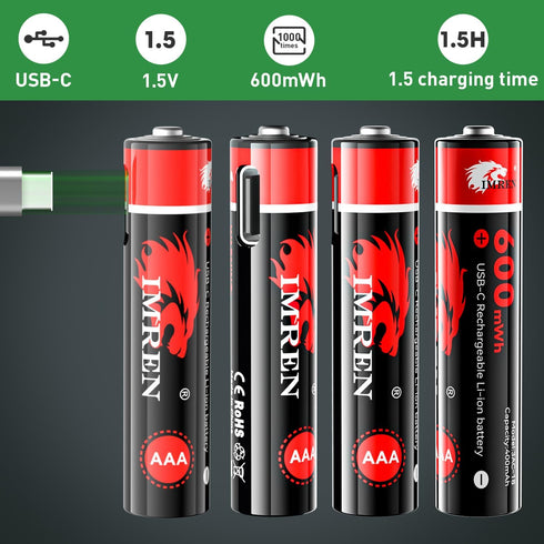 Imren USB-C Rechargeable AAA Batteries,1.5V Rechargeable Lithium AAA Batteries, 600mwh AAA Lithium Batteries Rechargeable,1 Hours Quick Charge, 4-...