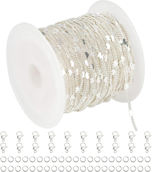 UMAOKANG 10 Meters Silver Chains for Jewelry Making, Silver Plated Brass Flat Heart Curb Link Chain Women Necklace Bracelet DIY Jewelry Chains Bul...