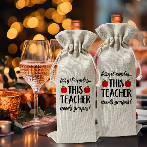 Teacher Wine Bag, Gift for Teachers Coworkers Colleagues, Teacher Appreciation Gifts, Burlap Wine Bottle Bags, Graduation Party, Reusable Drawstri...