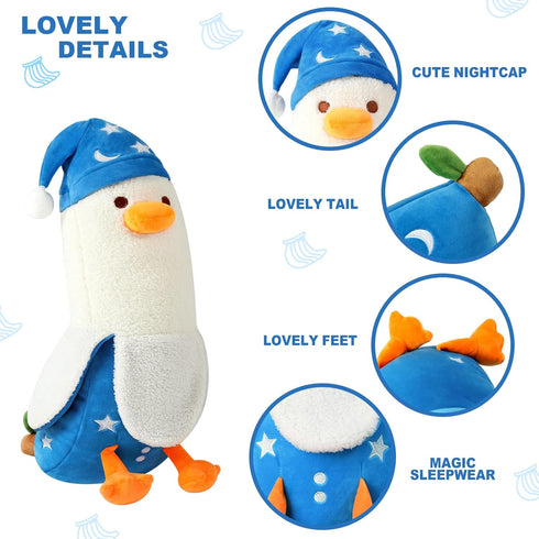 PEACH CAT Cute Long Banana Duck Plush Pillow Toy Cute Duck Plushie with Nightcap Duck Stuffed Animal for Kids White and Blue 19.7"...