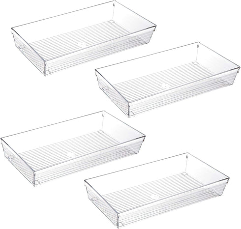 4 Pack 12"x 6" Large Size Clear Plastic Desk Drawer Organizer Tray Bathroom Office Kitchen Utensils Silverware Gadgets Dividers Desk Drawer Storag...