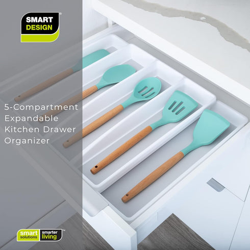 Smart Design Expandable 5 Compartment Plastic Drawer Organizer - Non-Slip Lining and Feet - BPA Free - Utensils, Flatware, Office, Personal Care, ...