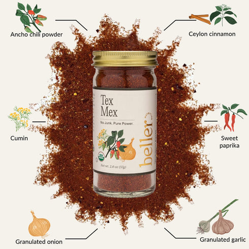 Beller Nutrition Tex Mex Organic Ancho Chili Powder Spice Blend Seasoning | 2 oz | Mexican Seasoning with Ground Ancho Powder, Paprika, Cumin, Cey...