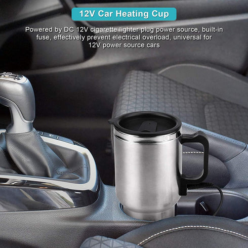 12V Car Heating Cup 450ML Stainless Steel Electric Car Kettle Boiler Portable Coffee Tea Warmer Cup Thermoses Powered by 12V Cigarette Lighter Plu...