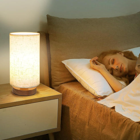 Table Lamp Minimalist Desk Lamp with Wooden Base Simple Nightstand Lamp with Linen Fabric Shade Bedside Lamp for Bedroom Kids Room Living Room Off...