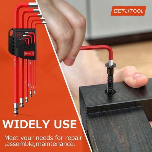 GETLITOOL 9PCS Magnetic Allen Key Set, S2 Steel Metric Long Arm Allen Wrench Set with Storage Bracket, Ball End Hex Key with Size-Marked for Bicyc...