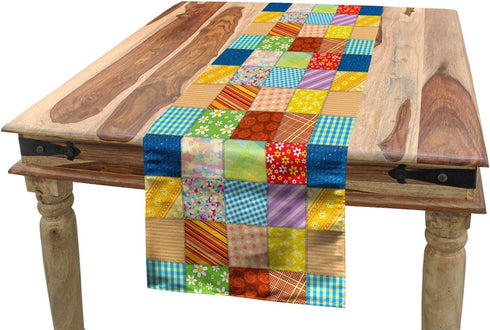 Lunarable Colorful Table Runner, Quilt Style Floral Plaid and Geometric Design Old Fashioned Patchwork Pattern, Dining Room Kitchen Rectangular Ru...