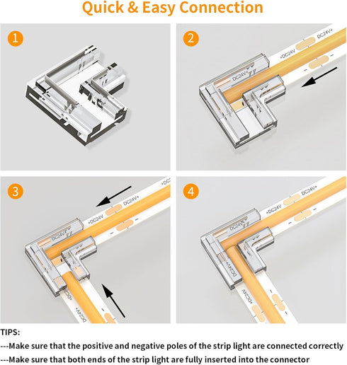 20pcs COB LED Light Strip Connectors 8mm 2Pin,Strip to Strip L-Shaped/Corner Connector LED Tape Light Connectors, Transparent Solderless Gapless N...