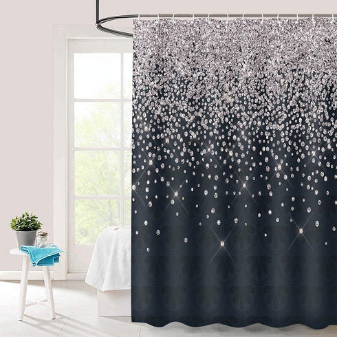 Silver Gray Bokeh Gorgeous (No Sparkles or Glitter) Shower Curtain,Falling Snow Night Sky Stars Black Night 3D Printed Fabric Bathroom Curtain wit...