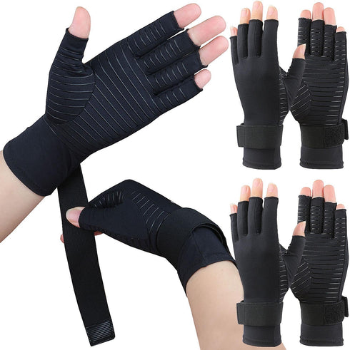 2 Pairs Copper Arthritis Gloves for Carpal Tunnel Pain Relief, Compression Gloves with Adjustable Strap to Alleviate Hand Pains,Fingerless Compute...