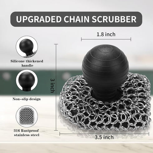 Cast Iron Scrubber with Pan Scraper, 316 Chainmail Scrubber, Upgraded Chain Mail Scrubber Sponge, Cast Iron Cleaner for Grill Pan Skillet Wok Carb...