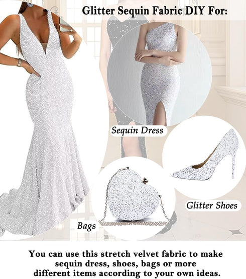 Sequin Fabric Silver White Velvet Sequin Fabric by The Yard Silver Glitter Fabric Sequin Fabric for Sewing Stretch Velvet Fabric with Sequin Silve...
