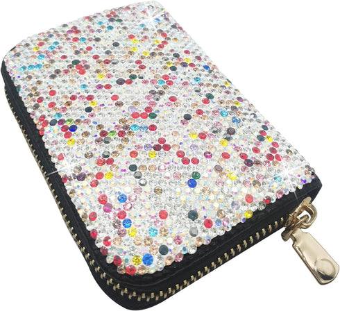 Bling Credit Card Case RFID Leather Wallet Multilayer Zipper Case Rhinestone Credit Card Holder Women's Small Credit Card Wallet (Rainbow)...