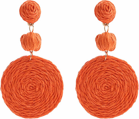 Boho Raffia Ball Earrings for Women, Handmade Statement Drop Earrings Straw Dangle Earrings Beach Vacation Jewelry...