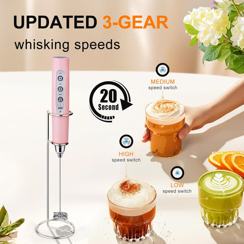 YUSWKO Pink Handheld Milk Frother Wand with Stand for Coffee, Rechargeable Electric Whisk with 3 Heads 3 Speeds Drink Mixer Coffee Frother For Lat...