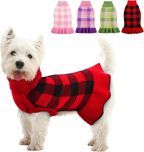 Dog Sweater Dress Plaid Knitwear for Small Medium Dogs Warm Puppy Pet Turtleneck Stretch Pullover Cute Fall Winter Vest Clothes with Leash Hole fo...