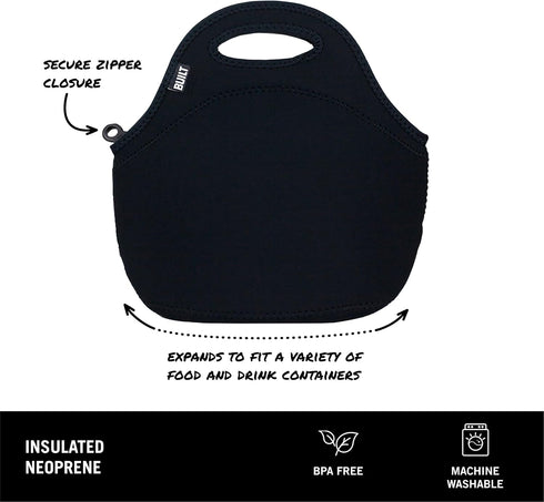 BUILT Gourmet Getaway Soft Neoprene Lunch Tote Bag Lightweight, Insulated and Reusable, One Size, Black...