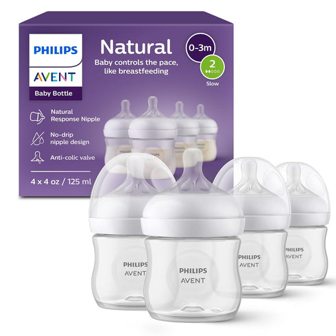 Philips Avent Natural Baby Bottles with Natural Response Nipples (Slow Flow, Flow 2), 4oz, 4-Pack, SCY900/04...