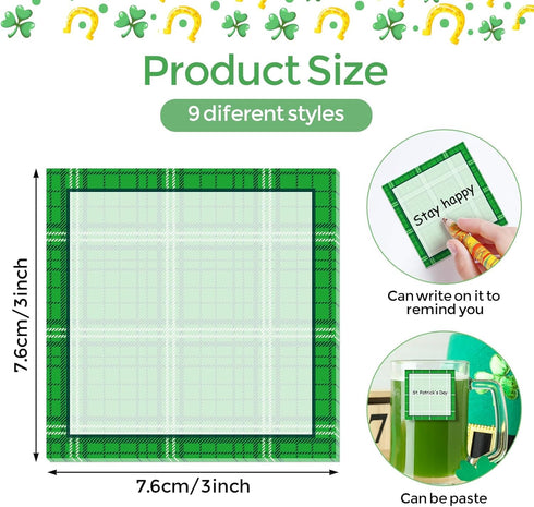 9 Pieces St. Patrick's Day Plaid Sticky Notes Green St. Patrick's Day Plaid Note Pads Self-Adhesive Irish Memo Notes for School Office Home Suppli...