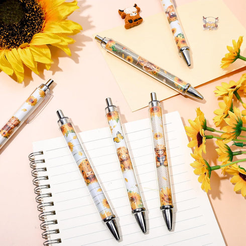 24Pcs Highland Cow Print Ballpoint Pens Retractable Rustic Cow Sunflower Picture Pens Plastic Black Ink Pens for School Home Office Wedding Baby S...