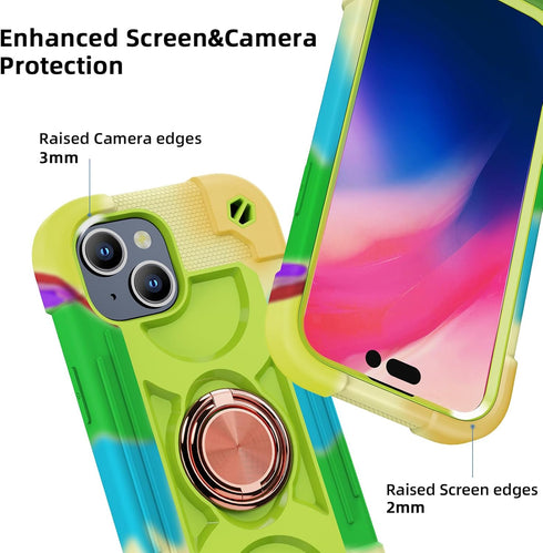 Compatible with iPhone 15 Case 6.1" - Heavy-Duty Shockproof Military-Grade Rugged Cover with Ring Stand, Glass Screen Protector & Camera Lens Prot...