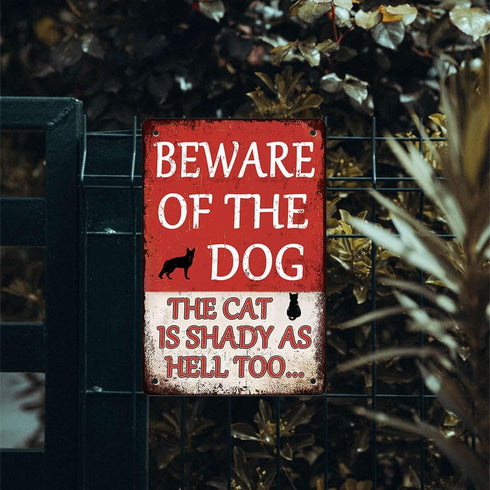 Beware Of Dog Sign Beware Of The Dog The Cat Is Shady Too Tin Sign Funny Dog Warning Metal Signs Dog Signs For Yard Fence Guard Dog Sign Outdoor D...