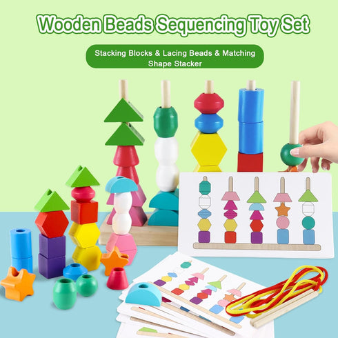 Montessori Beads Sequencing Toy Set, Wooden Stacking Blocks & Lacing Beads & Matching Shape Stacker STEM Preschool Learning Montessori Toys Gifts ...