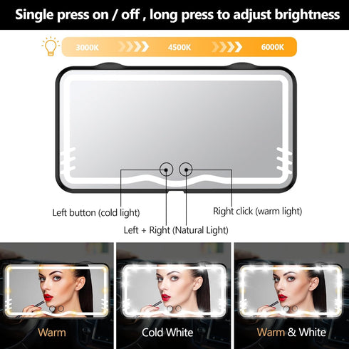 Car Visor LED Vanity Mirror, Rechargeable LED Makeup Mirror with 3 Light Modes & 62 LEDs,Car Mirror with Dimmable Touch Screen, Rear View Sun-Shad...