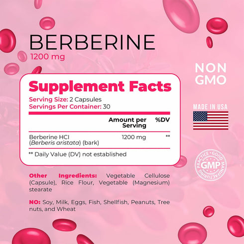Berberine HCI 1200mg - Premium Berberine Supplements - 60 Capsules Maximum Strength HCI - Non-GMO - Made in USA...
