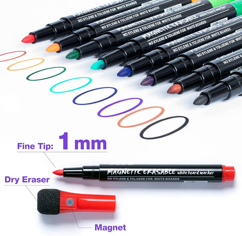 Fine Tip Dry Erase Markers 8 Pack, Magnetic Dry Erase Markers With Eraser, Skinny Low Odor White Board Marker Pens Bullet Tip Fine Point Thin Dry ...