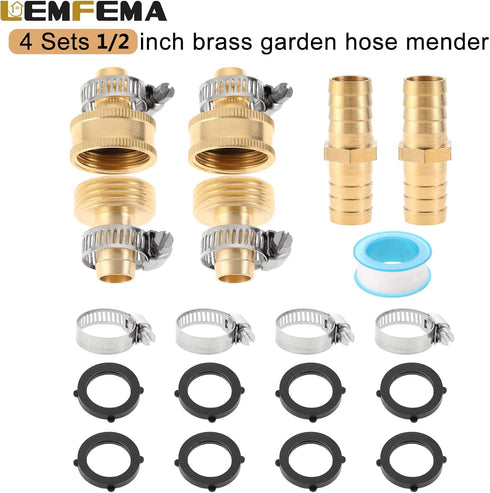 4 Sets 1/2 Inch Solid Brass Garden Hose Connector Repair Kit,Water Hose Mender Female Male Hose Coupling with Stainless Steel Clamp, Tape and Rubb...