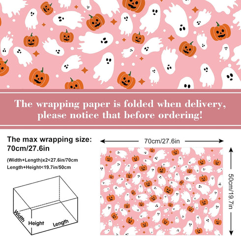 AnyDesign 6 Sheet Pink Halloween Wrapping Paper Cute Ghost Pumpkin Gift Wrap Paper Bulk Folded Flat Art Craft Paper for Halloween Birthday Party D...