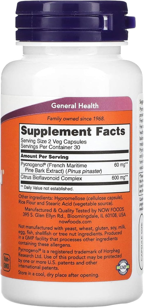NOW Supplements, Pycnogenol 30 mg (a Unique Combination of Proanthocyanidins from French Maritime Pine) with 300 mg Bioflavonoids, 60 Veg Capsules...