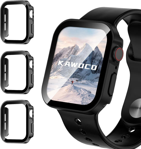 3 Pack Waterproof Case for Apple Watch Series 9 8 7 45mm, Straight Edge Hard PC Cover with Tempered Glass Screen Protector, Protective Bumper for ...